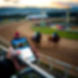 A person using the TwinSpires app to place bets on horse racing, with a horse racing track in the background.
