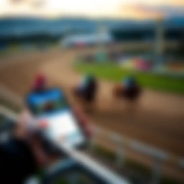 A person using the TwinSpires app to place bets on horse racing, with a horse racing track in the background.