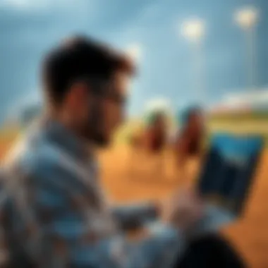 Horse racing betting tips A person studying horse racing statistics and odds with a laptop while a horse runs in the background