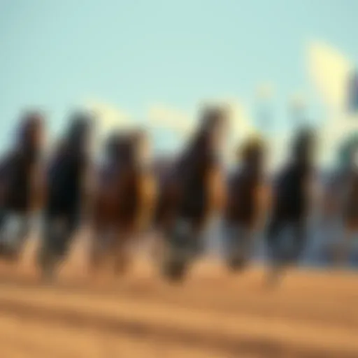 A thrilling horse race featuring several horses racing down the track during a sunny day, showcasing the excitement of competition.
