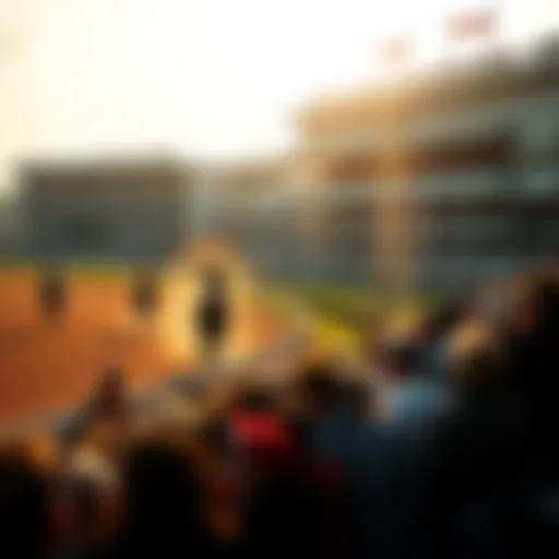A horse racing scene with spectators watching from the stands as a winner is crowned, highlighting the excitement of the sport.