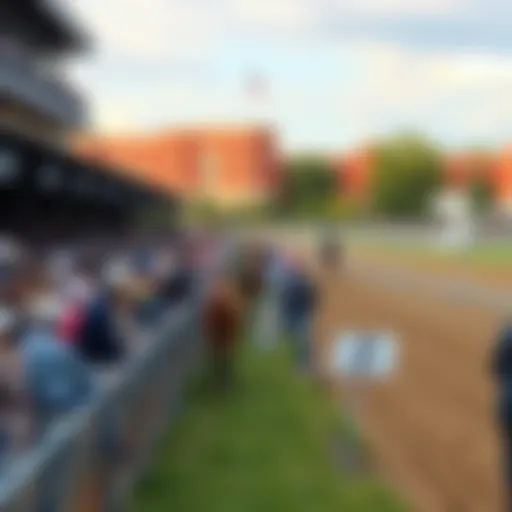 A race track with only a few horses in the lineup and concerned fans in the stands, illustrating management issues in NYRA races