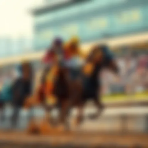 A racehorse charging down the track during The Preakness, with excited spectators in the background.