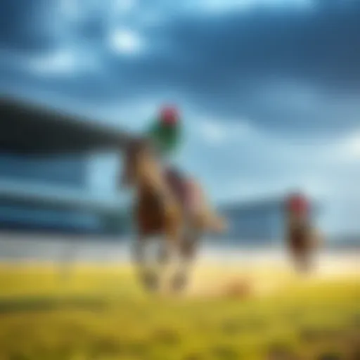 A jockey rides a thoroughbred horse on a racing track, showcasing the excitement of horse racing.
