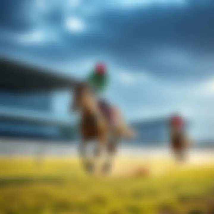 A jockey rides a thoroughbred horse on a racing track, showcasing the excitement of horse racing.