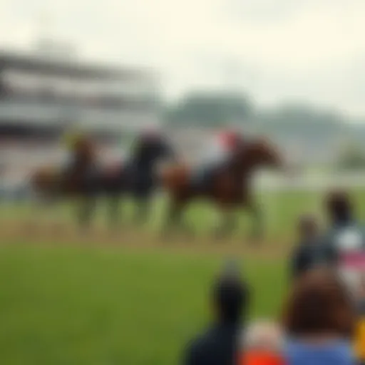 Four horses spill on the racetrack while riders fall, with an audience looking on in concern.