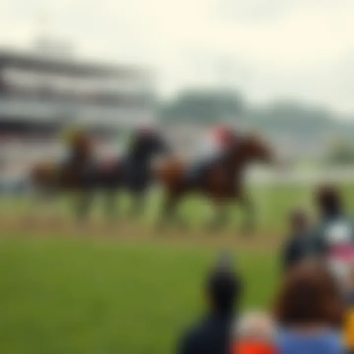 Four horses spill on the racetrack while riders fall, with an audience looking on in concern.