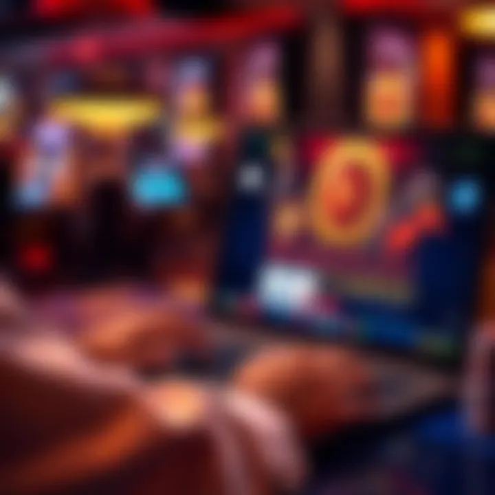 A person playing an online casino game on a laptop, showcasing a colorful gambling interface with chips and cards.