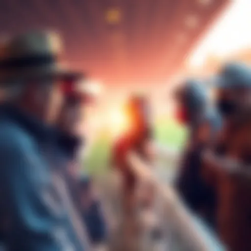 A horse racing scene showing trainers discussing strategies with owners near the racetrack.