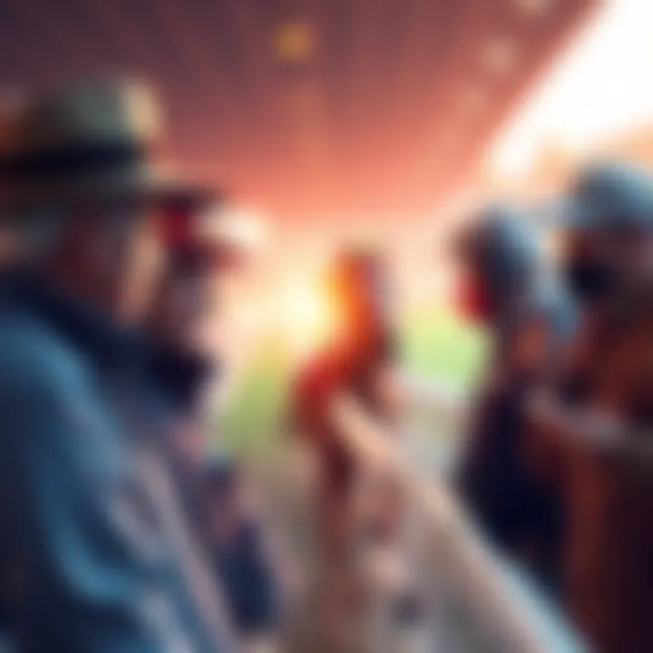 A horse racing scene showing trainers discussing strategies with owners near the racetrack.