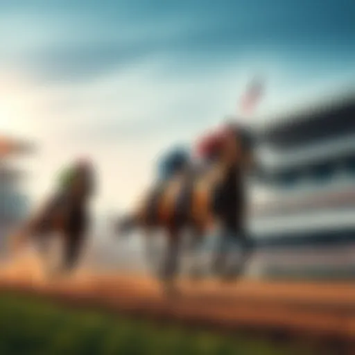 Three horses competing in a race at the Belmont Festival with spectators cheering in the background