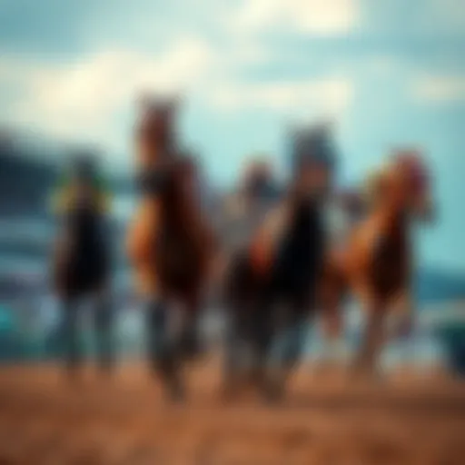A group of thoroughbred horses racing on a track with spectators in the background during the Preakness Stakes