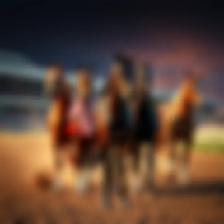 A group of racehorses standing together in solidarity, symbolizing their unionization, with a racetrack in the background