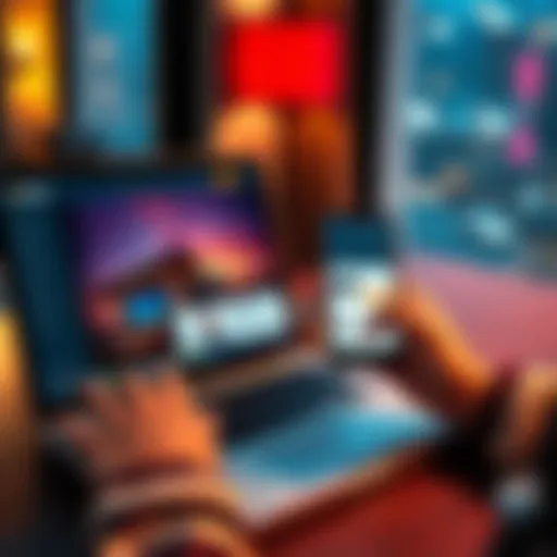 A person using a laptop to compare hotel rates on a website while holding a phone with hotel booking app open.