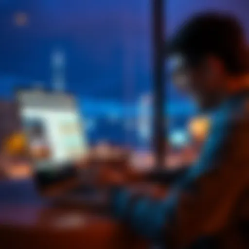 A person looking at a laptop with hotel reservation details on the screen, contemplating changes, with hotel images in the background.
