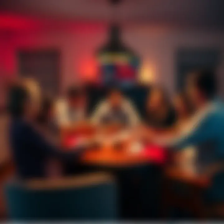 Group of people playing cards A group of friends gathered around a table playing cards in a cozy living room