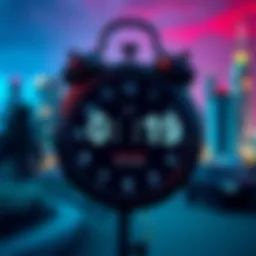 A clock showing the local time for the House on RDR event in Abu Dhabi, with a vibrant city skyline in the background.