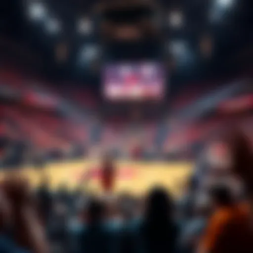 Houston basketball game scene A basketball court filled with cheering fans as players compete in an intense overtime game.