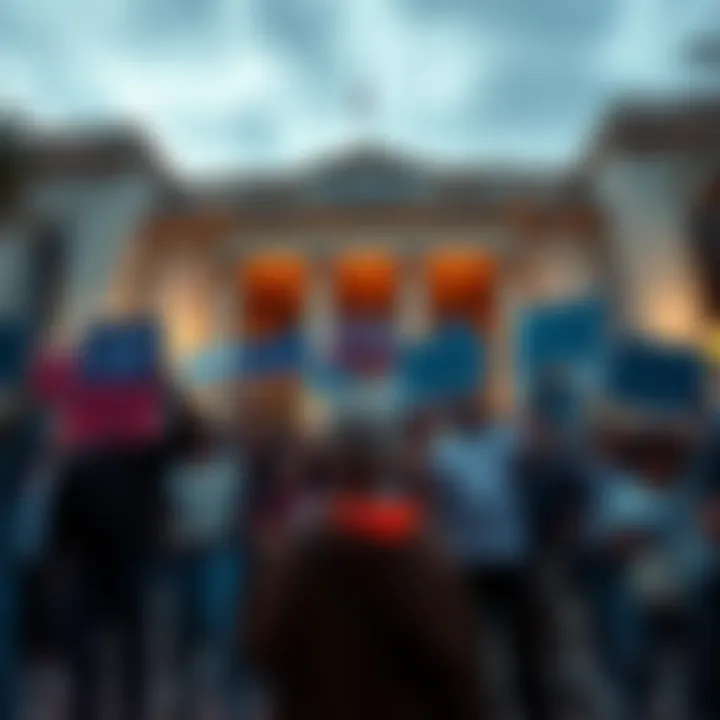 A group of concerned citizens gather outside a government building holding signs expressing frustration over lack of transparency in justice decisions.