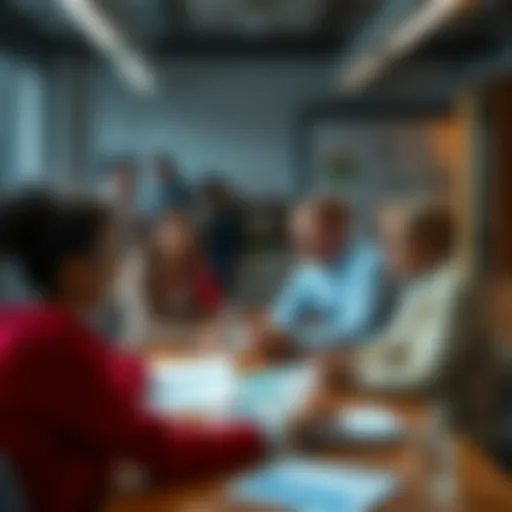 A group of diverse professionals discussing HR codes in an office setting, with charts and notes on the table.