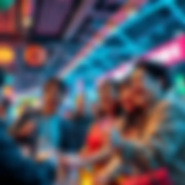 A group of people engaged in casual betting activities, smiling and celebrating in a lively atmosphere.
