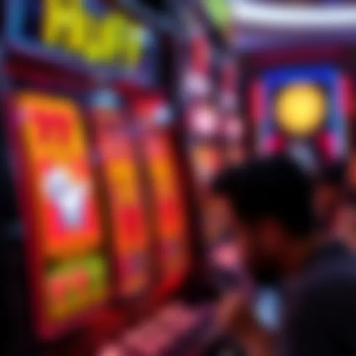 Close-up of the Huff N Puff slot machine showing bonus spins and frustrated players nearby.