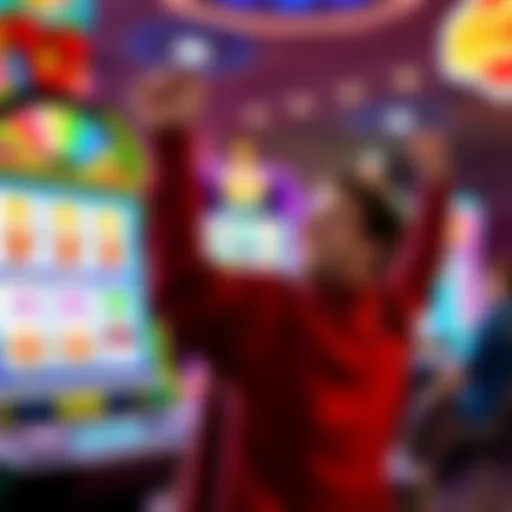 A player excitedly celebrating a win on the Huff & Puff Grand slot machine, featuring colorful reels and lighting effects.