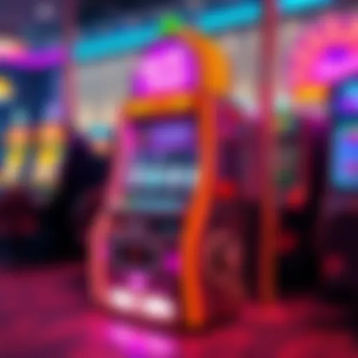 A colorful and whimsical casino machine named Huff n Puff with vibrant graphics and coin slots that attract players.