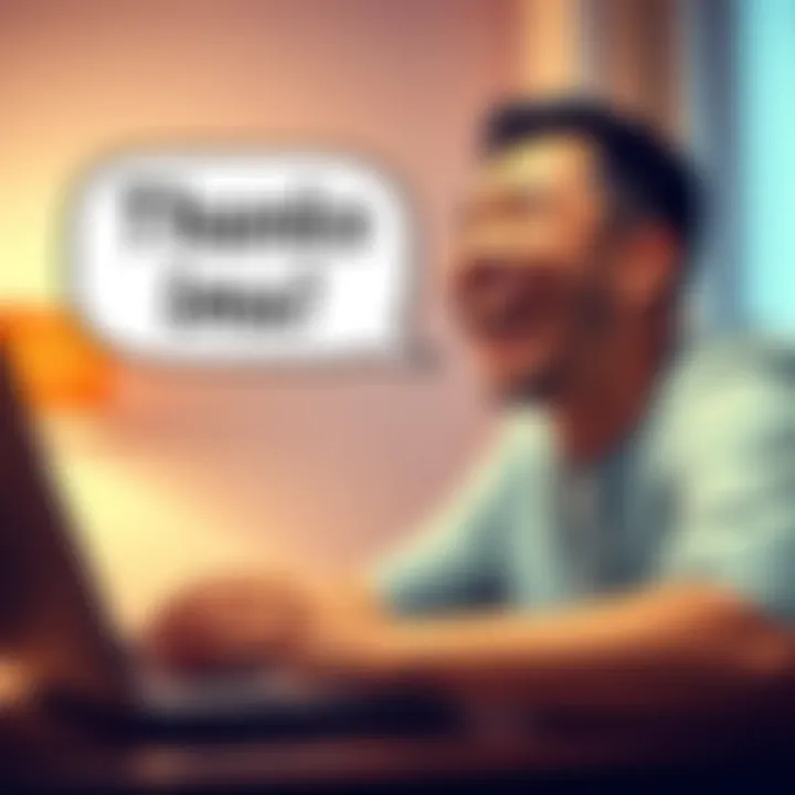 A person laughing while typing on a laptop with a speech bubble saying 'Thanks lmao'
