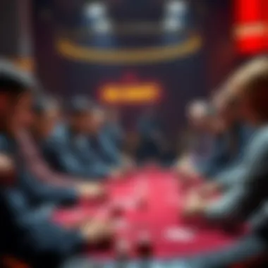 A group of players gathered around a poker table, focused intently on their cards and chips during a Hungry Horse poker game.