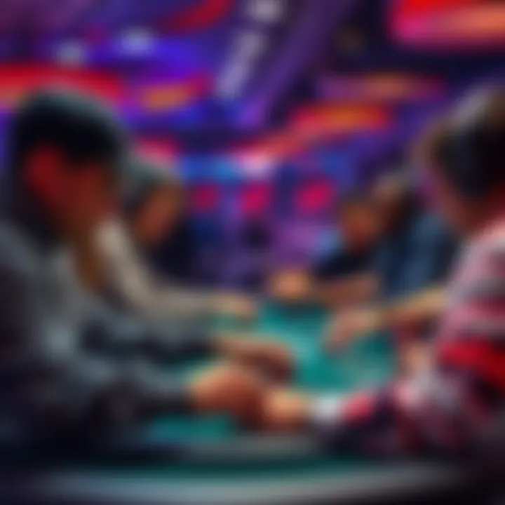 A group of poker players at a table focused on their cards, showcasing competitive atmosphere at Hungry Horse poker school