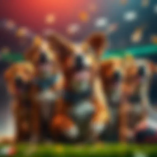 A group of excited hunting dogs with cash and betting slips celebrating a successful day of betting