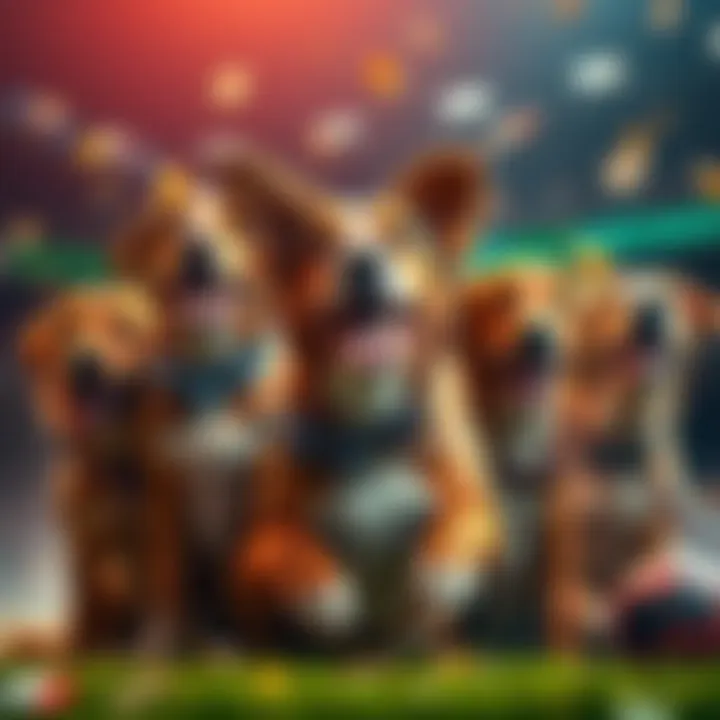 A group of excited hunting dogs with cash and betting slips celebrating a successful day of betting