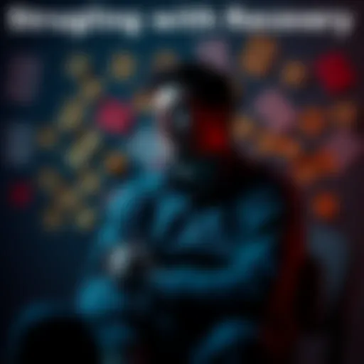 A man sitting alone, looking thoughtful with a hint of sadness, surrounded by notes of encouragement and support, symbolizing his journey through gambling recovery.