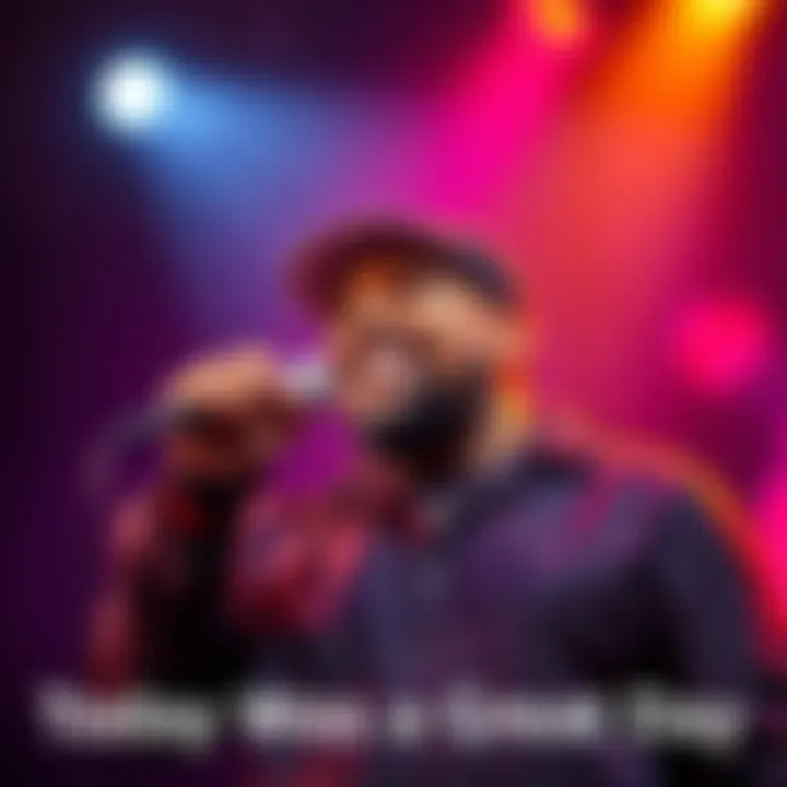 Ice Cube performing a song Ice Cube on stage with a microphone, expressing joy while performing his hit song, 'Today Was a Great Day.'