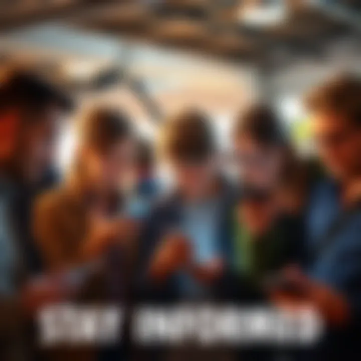 A group of Illinois residents gathered together looking at their phones, discussing local news and alerts