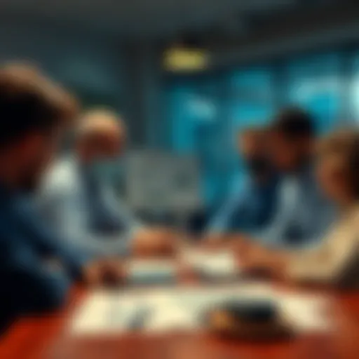 A group of people discussing the implications of a situation, considering if it was an error or not, with charts and notes on the table.