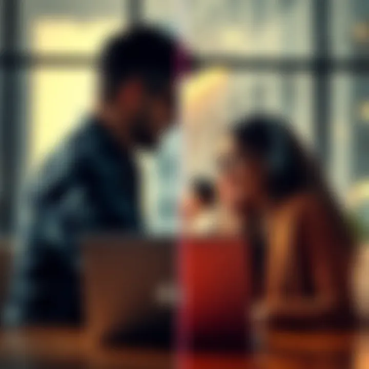 In-Person vs Online Interaction A split image showing a person meeting face-to-face on one side and another person using a laptop for online communication on the other side.