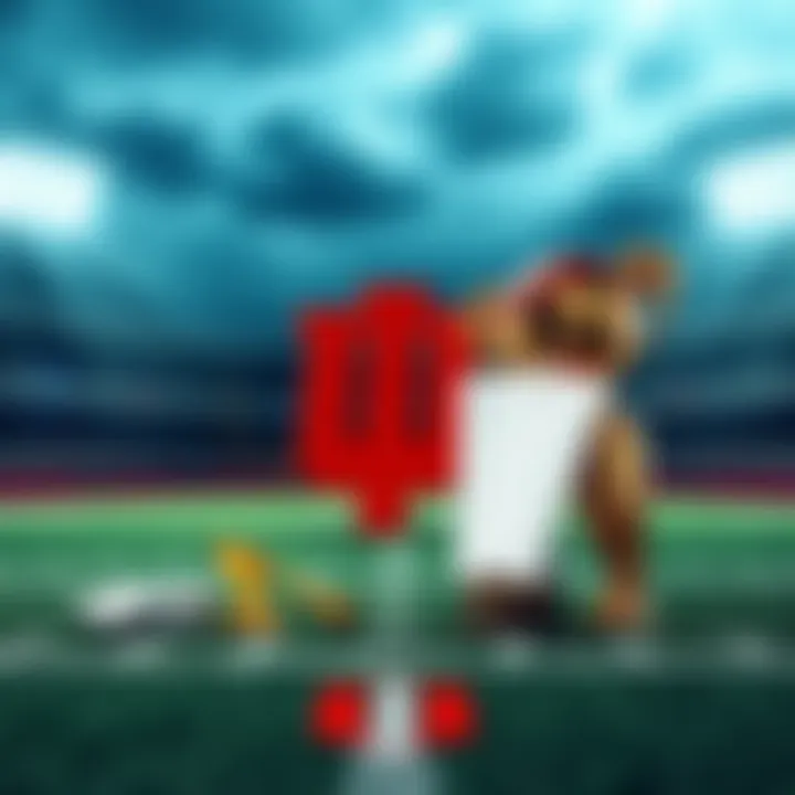 Indiana Football Championship Bet A football field showcasing Indiana's team logo with betting slips and a trophy, symbolizing multi-season parlay bets on college football championships.