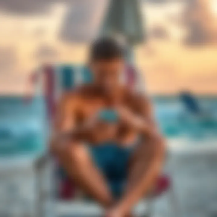 Indiana player sitting on a beach chair, looking at a phone with a worried expression about their gaming account status while on vacation in Florida