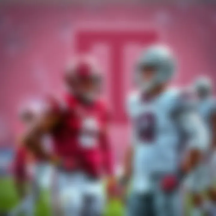 Football players discussing strategies with Indiana and Texas A&M logos in the background