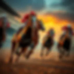 A collection of notorious racehorses in action during a race, showcasing their speed and competitive spirit.