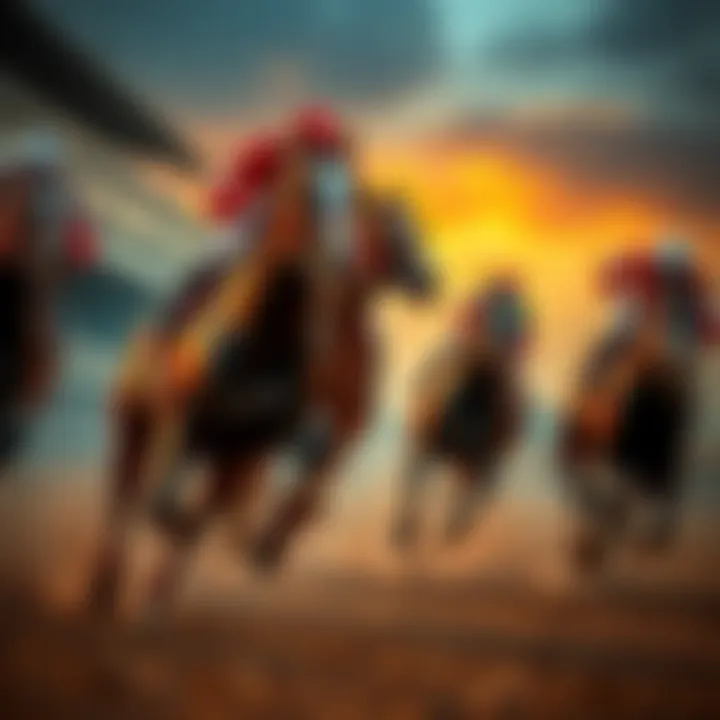 A collection of notorious racehorses in action during a race, showcasing their speed and competitive spirit.