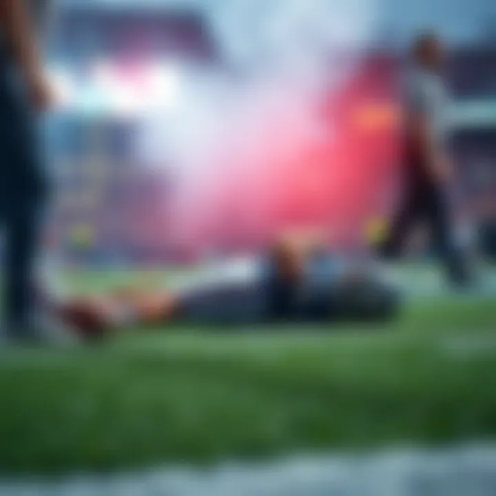 Injured Player on Field A player lying on the field with medical staff attending to him after a first quarter injury