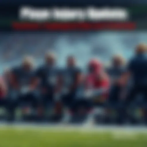 Injured football player sitting on the sidelines, with teammates discussing strategies, highlighting injury's impact on the game.