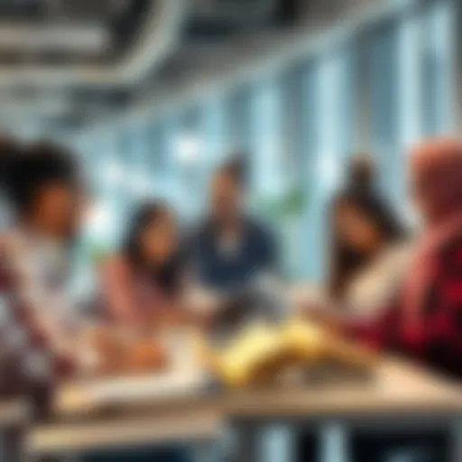Group of diverse professionals in a modern office discussing ideas for new books and technology in 2026