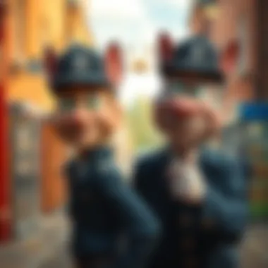 Inspector Tom looks surprised as Robbie runs away laughing after the failed attempt to clock him.