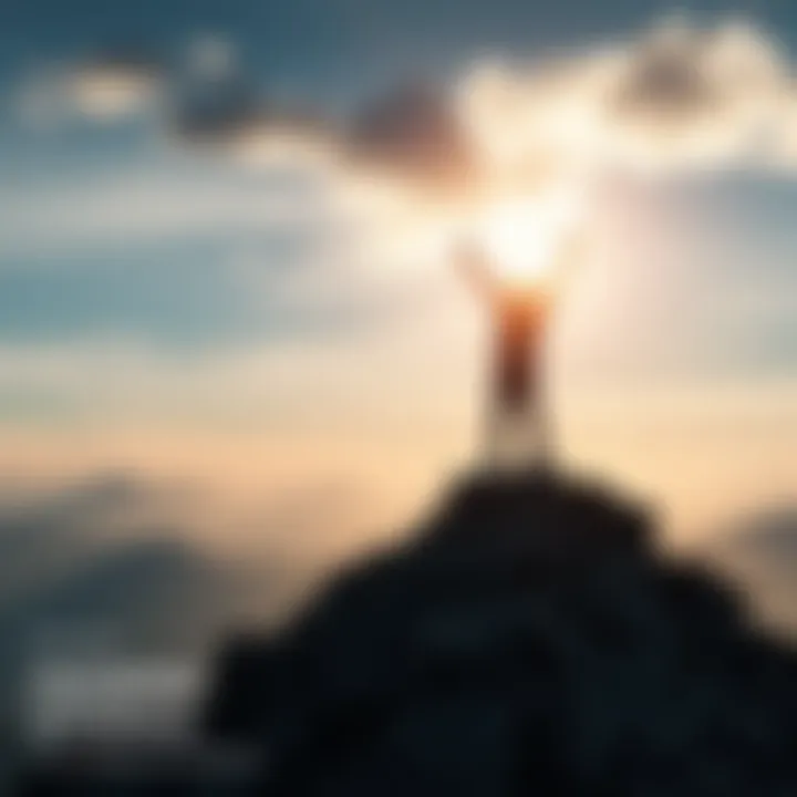 A determined person stands triumphantly on a mountain peak, arms raised in victory, symbolizing resilience and success against the odds.