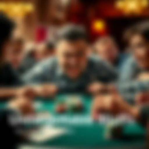 A close-up of players at a poker table, one player confidently bluffing with a strong facial expression while others look shocked and puzzled, with cards and chips in front of them.
