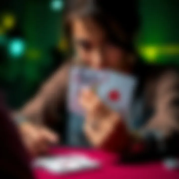 Intense Card Game Moment A player anxiously looks at her cards while the opponent reveals a low card, capturing the tension of a high-stakes game.